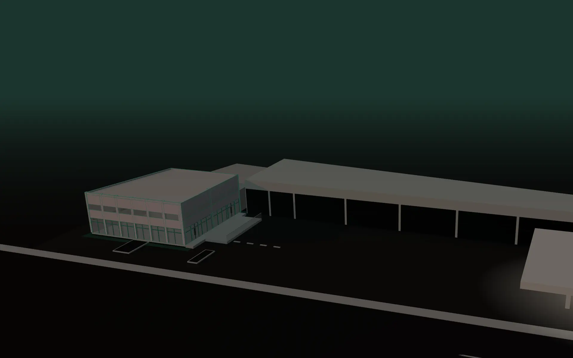 Maquete 3D ilustrativa: o complexo do Pit Stop ao entardecer, com as lojas ocupadas acesas e as vitrines das lojas 05, 06 e 07 marcadas pelos anéis da linha.