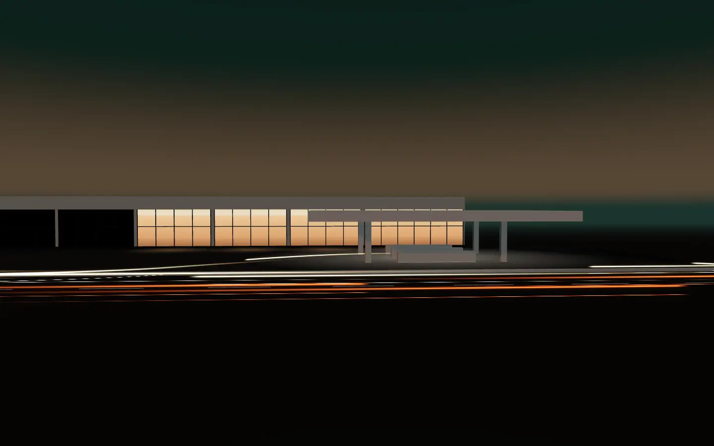 Maquete 3D ilustrativa: a avenida ao entardecer, com rastros de luz dos veículos entrando no posto, a cobertura acesa e as lojas ao fundo.