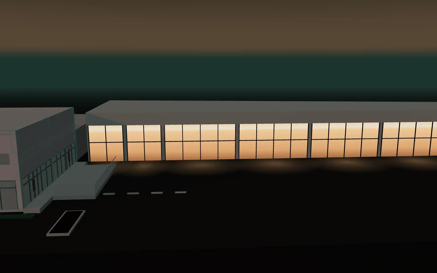 Maquete 3D ilustrativa: as vitrines das lojas 07, 06 e 05 acesas ao entardecer, como possibilidade.