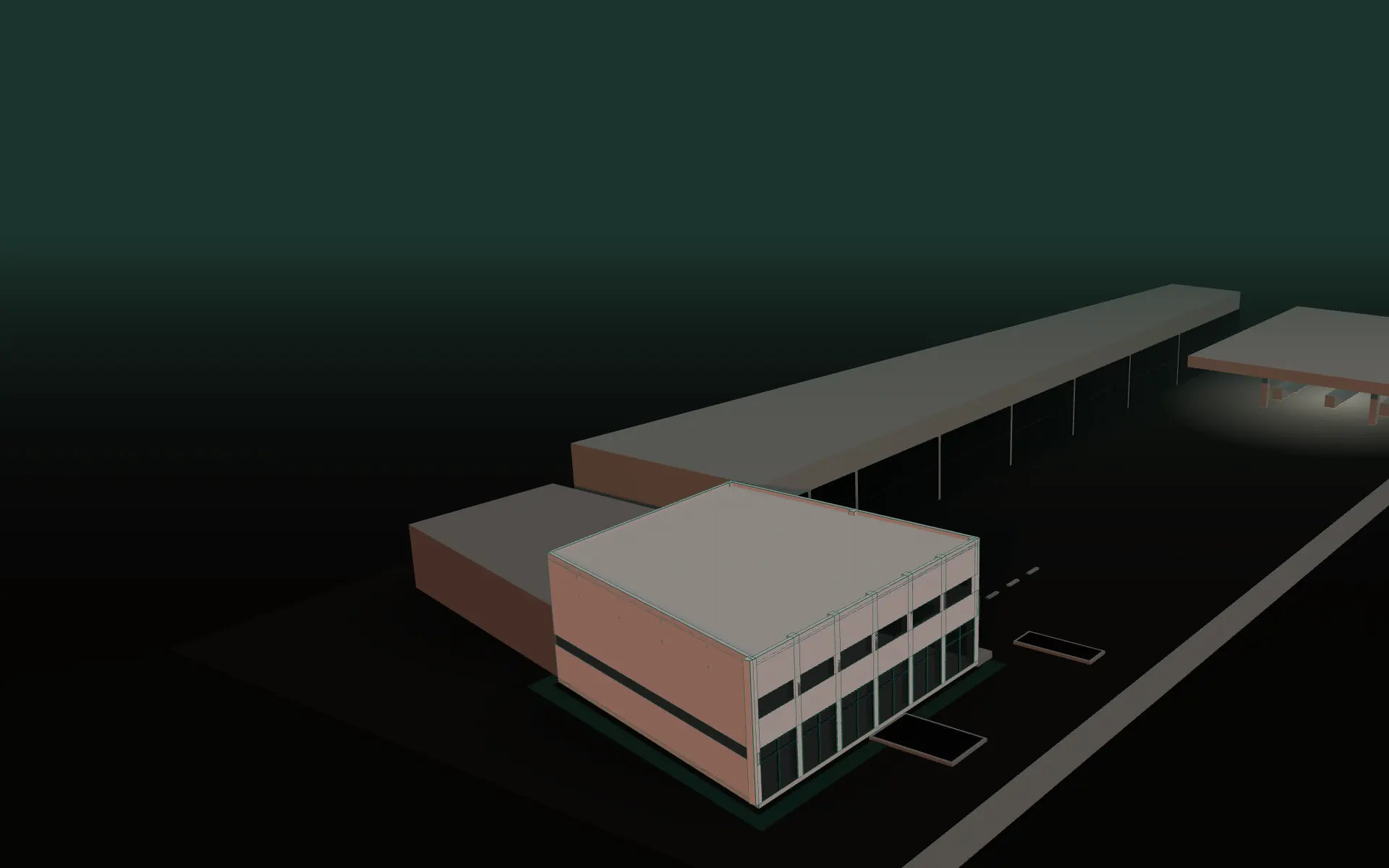 Maquete 3D ilustrativa: o complexo do Pit Stop ao entardecer, com as lojas ocupadas e o salão 09 + 10 acesos e a linha que liga as lojas terminando no anel do salão.