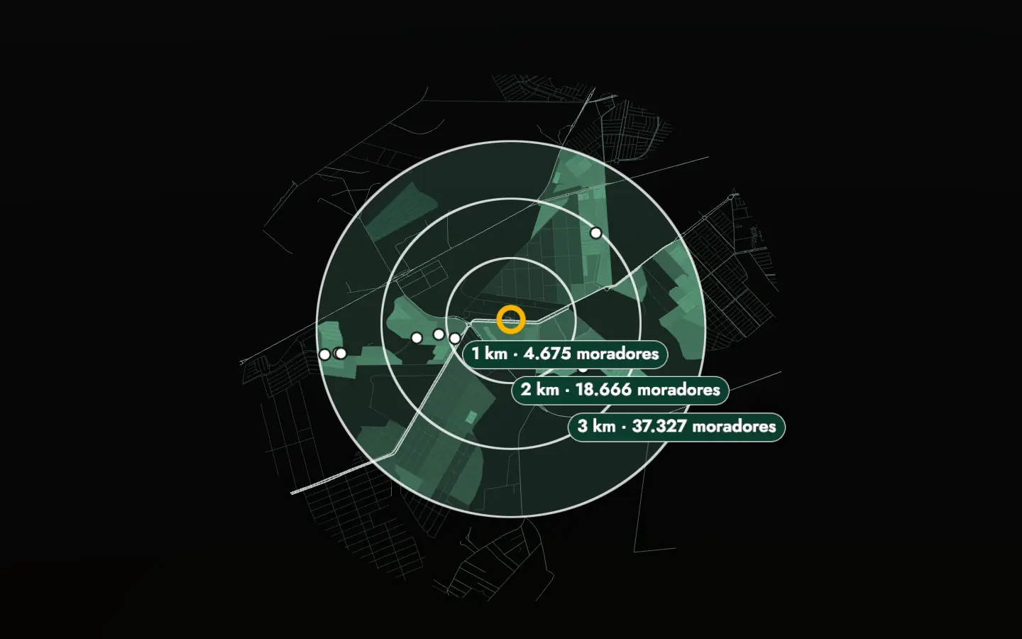 Mapa ilustrativo do raio de 3 km em volta do posto: setores com moradores em verde, anéis de 1, 2 e 3 km e 10 farmácias mapeadas.