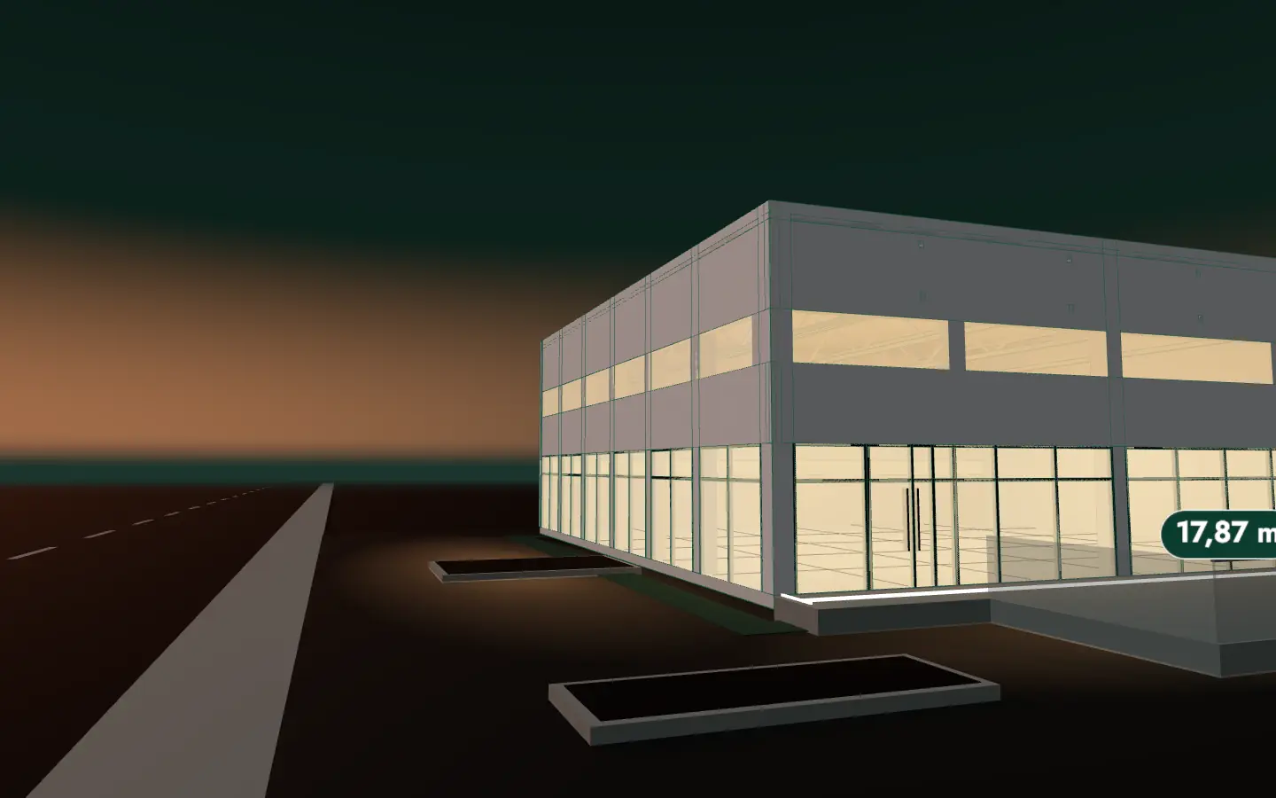 Maquete 3D ilustrativa: a fachada envidraçada do salão, com a cota da frente.