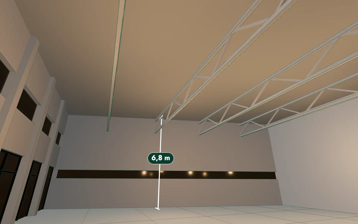 Maquete 3D ilustrativa: o interior vazio do salão, olhando para o alto, com a cota do pé-direito.