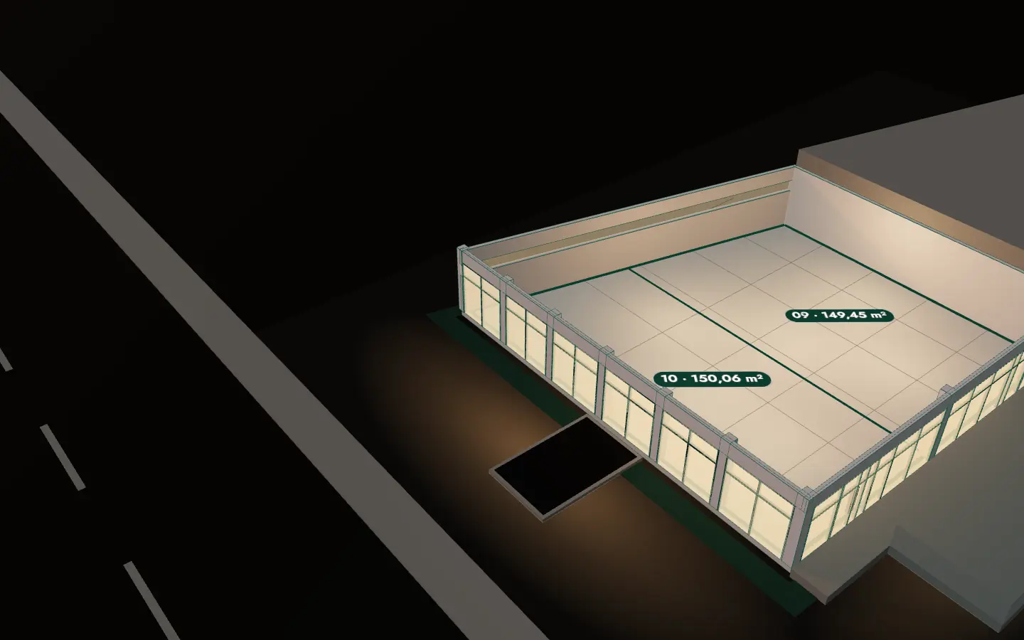 Maquete 3D ilustrativa: o salão em corte, sem a cobertura, com o contorno do piso e a divisa entre as lojas 09 e 10.