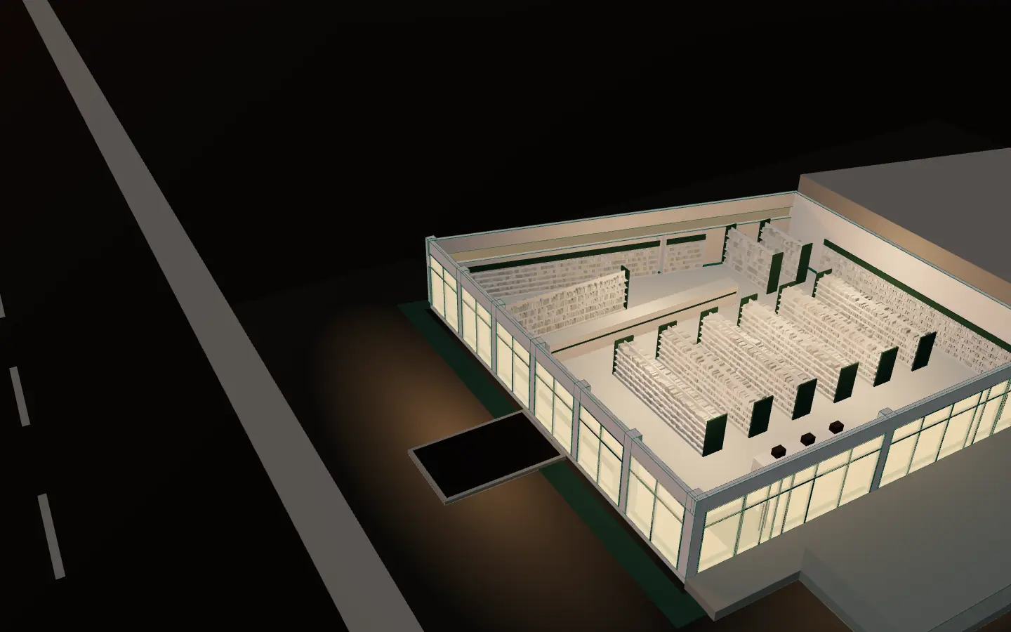 Maquete 3D ilustrativa: o salão em corte com um layout hipotético de farmácia montado no piso.